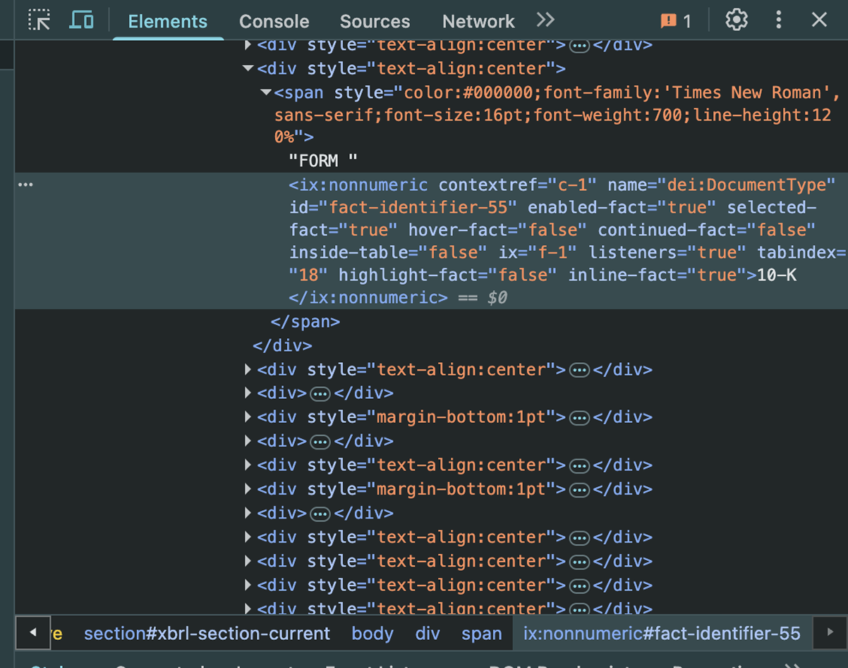 XBRL tags found embedded in the HTML markup of SEC filings